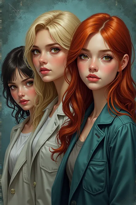 Three girls, a blonde ,  a chestnut and a redhead for the cover of a book of dark scientific research and suspense. More like realistic and humanized illustrationSP 