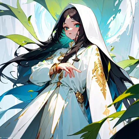 (masterpiece, Melhor qualidade)A young white woman , with long black hair,  her eyes are brown ,   with a white overcoat with blue details,  (  around she has the shape of green leaves  ). With a golden bracelet ,  she is in a modern city .