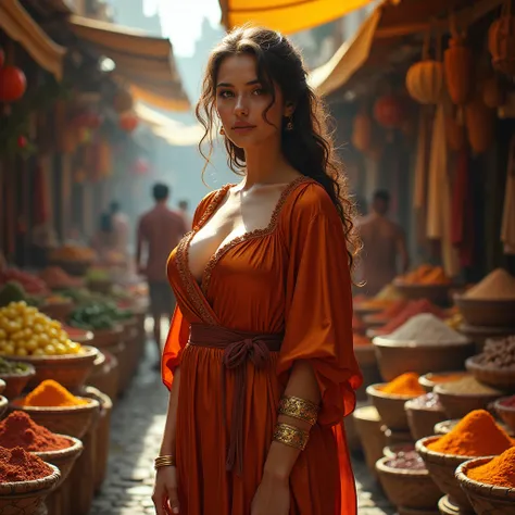 photo of woman huge breasts, a narrow waist, standing at a vibrant Byzantine marketplace in Constantinople. She is wearing an elegant silk robe with a deep neckline that accentuates her voluptuous curves, large breasts, and narrow waist. Her wrists are ado...