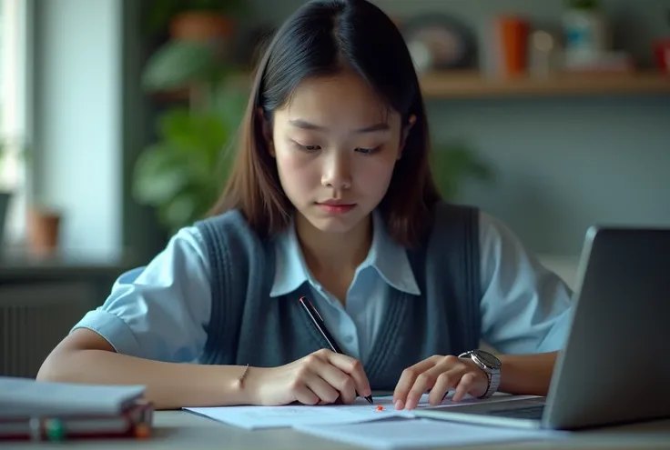 (masterpiece), realistic, creative, (extremely intricate), (detailed professional photography of a beautiful girl in a school uniform doing her homework at home using futuristic AI tools), award winning sharp focus, cinematic lighting, blurred background, ...