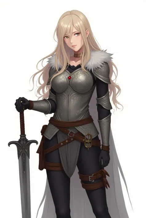 Image is a digital illustration of a fantasy warrior character. The character is a female with fair skin and long, wavy blonde hair. She is wearing intricately designed silver armor with fur accents on the shoulders, giving a medieval and rugged appearance...