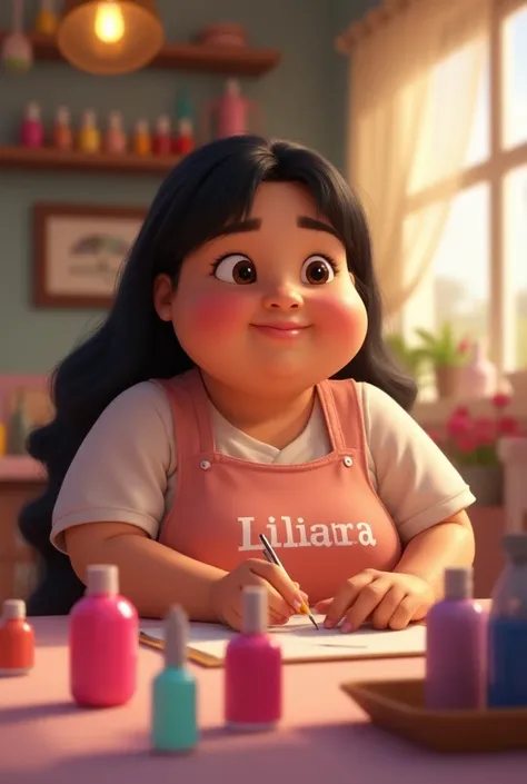 Pixar-style manicurist woman who is sitting with nail polishes in the back of the background is painting nails that have an apron and on the apron say Liliana to be chubby with long black hair and brown eyes  