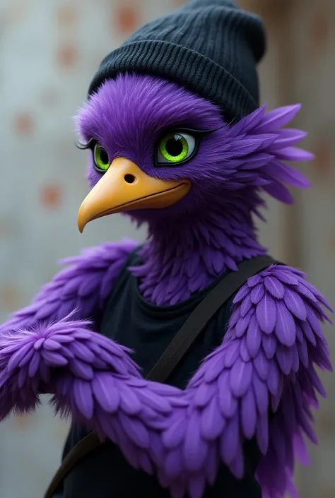 anthro, avian, avian humanoid, beak, purple body, purple feathers, black beanie, green eyes, furry, black tank top,girl , beatbanger