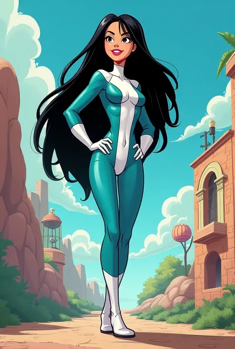 Hannah Barbera style superhero long black hair dressed in cyan and white