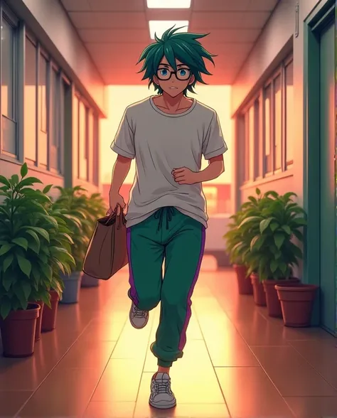  A 19-year-old anime-style man , To Love Ru,  running through the corridors with medium flower pots along a white school with a wooden floor in Tokyo during the Evening with an orange sky,  he is 180 cm tall ,  She has long hair  (35 cm )   malachite glass...