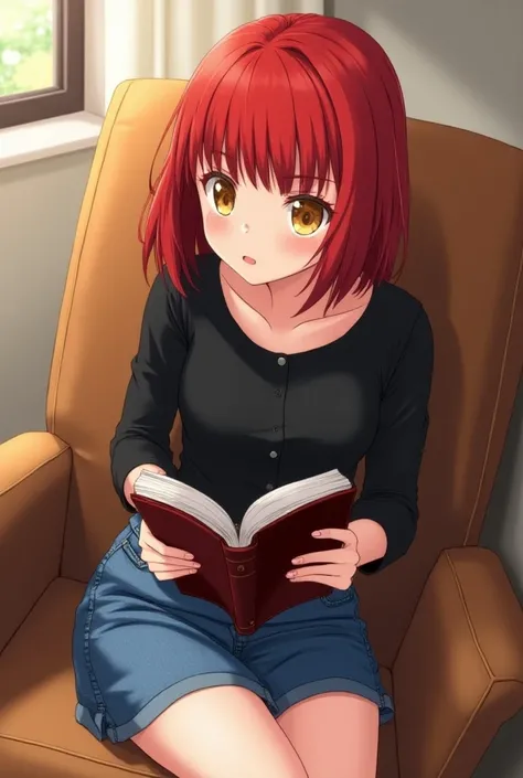 red-haired teenage girl with yellow eyes and Blunt Bob style hair, wearing denim skirt and black blouse, She was in a chair reading a book. . illustration in anime style by Tatsuya Endo, in Tatsuya Endo art style.