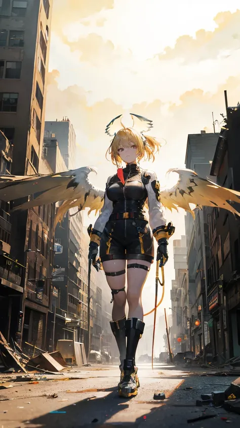  blond cyborg woman with colored hair, with big wings,  in an environment with destroyed buildings,  holding a radiant cane 