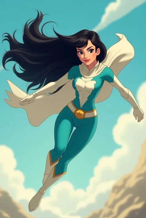 Super heroine style Hannah Barbera long black hair dressed in cyan and white flying with a cape