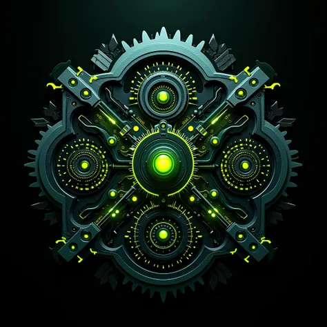 An abstract, mechanical design with intricate gears and circuits glowing in green and yellow neon, representing the precision of trance music, each element moving and shifting rhythmically.