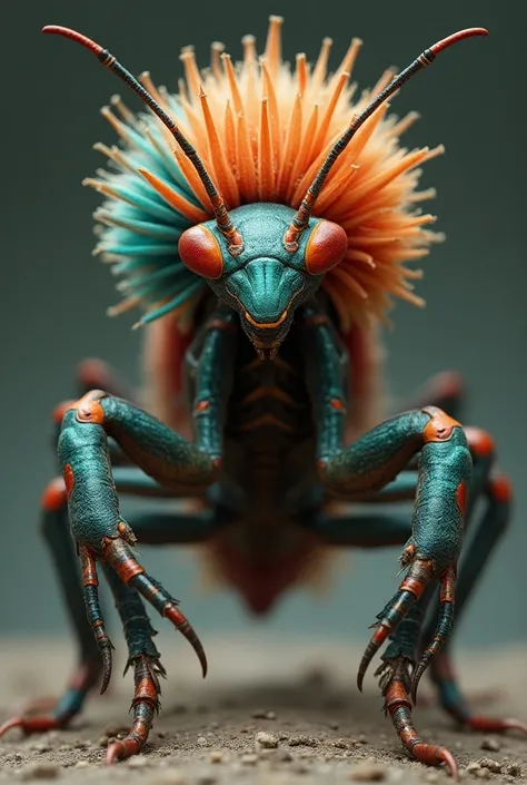 Praying mantis with a beetle head with large and abundant jaws ,  with multicolored claws in the shape of scythes and large, striking beauty with the resemblance of cheerleading pompoms in them, from which jets of a toxic chemical come out as a defense mec...