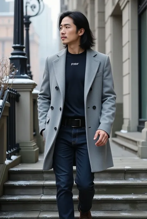 (photorealism:1.2),real pictures,Warning: A very long haired Korean man dressed sharply and walking down stone stairs in a modern city environment during winter, wearing a light gray wool coat with structured shoulders over a dark colored says "Fedar" t-sh...