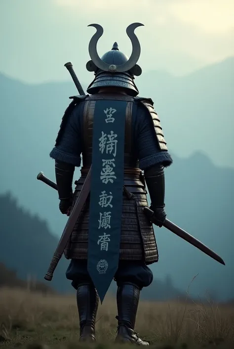 I want to create a scene from a movie. Realistic expression. Camera shot from behind the main character. An old armored warrior clad in Japanese armor. He is carrying a vertical banner with his family crest used in the Warring States period in Japan, cross...