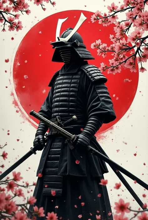 A Flag using a Japanese samurai with a black and white cherry blossom background 