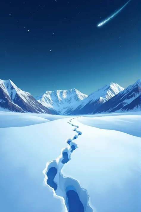 Create book cover with snowy mountains , , a shooting star passing at night and footprints on the snowy ground