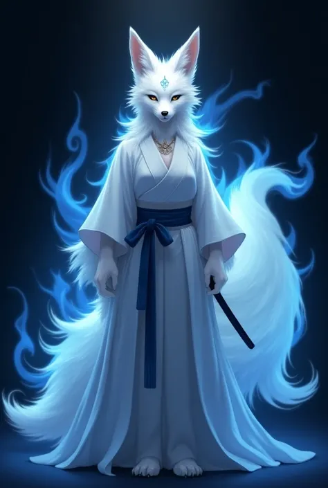  A nine-tailed white fox ,  with blue fire on its back and a symbol in the middle of its forehead, wearing a white kimono and blue band  ,   with a sword and facing forward . black background.