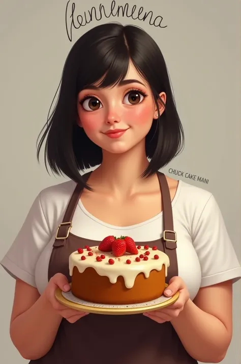  Create an image of a brunette woman , chubby, dark brown eyes,  straight black hair cut at neck height , holding a homemade cake ,  above the image write in black in a cursive letter by Doceria Carol Ribeiro 