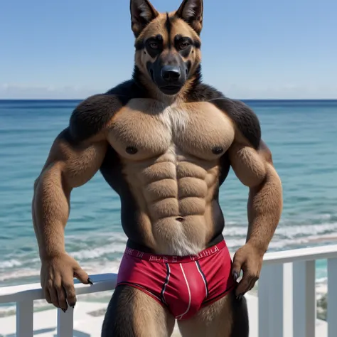 German shepherd, solo
anthro, muscular male, smiling, sexy face, ((sexy abs)), sexy physique,, standing on balcony, briefs,
half-length portrait, Ocean background, detailed realistic photorealism