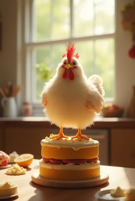 Chicken eating cake 