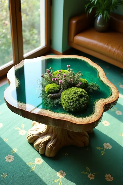 a table made of epoxy resin on a stand of curved graceful driftwood, moss, heather, thistle are poured inside the resin, the smooth surface of the table - everything is poured inside, stands on a green carpet with a floral pattern, in an eco-style room by ...