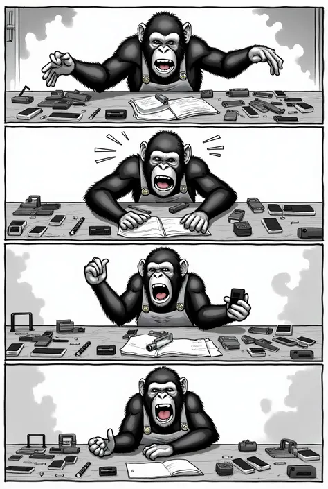  make me a chimpanzee with smartphone repair clothes, on his work table , crying because he is overwhelmed by a mountain remaining to be repaired, And he doesnt know what to do ,  divided into 4 Japanese manga panels in black and white
