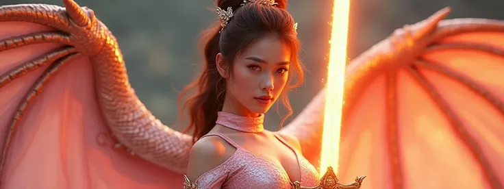 A hyper-realistic, highly detailed 8k image of a young athletic woman in her early 20s, standing confidently in a seductive pose, showcasing her blazing dragon sword. Her chestnut hair is styled in an elaborate and beautiful hairstyle, featuring long, volu...