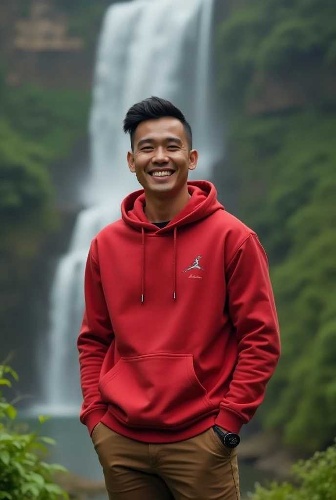 A handsome Indonesian man, very short hair smiling happily, wearing a red hoodie jacket , brown pants, black sports shoes,  she stands in the atmosphere in the park near the waterfall. peaceful village atmosphere, photo detail 8k short angle ultra HD 16k w...