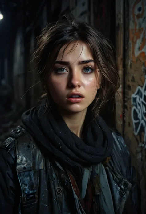 a gasping, desperate young woman, living life on scraps and lies, beautiful detailed eyes, beautiful detailed lips, extremely detailed eyes and face, long eyelashes, unkempt hair, tattered clothes, worn-out expression, in a gritty, decaying urban environme...