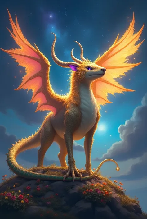 Draw a majestic legendary animal, mixing features of several mythical creatures. It has the powerful and muscular body of a shark, with fur that shines like gold under the moonlight. Its paws are covered in silver dragon scales, and their claws are long an...