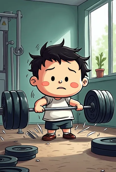 A funny image, cartoon style, south park, chibi drawing style, crayon shin-chan; of somebody crushed by a barbell in a gym