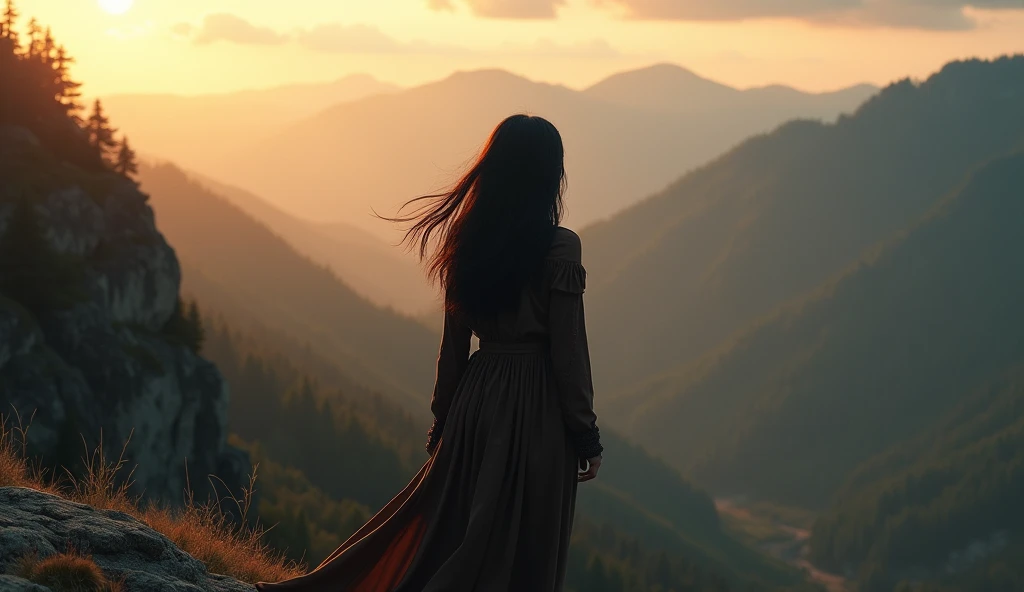 
 A woman with long black hair on her back , looking at a large landscape ,  as if she were about to make a big decision.