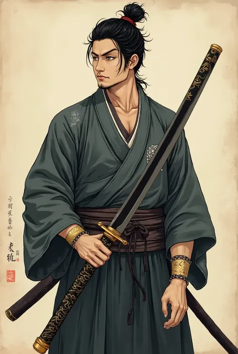 (Ultra-detailed face, looking away, Fantasy Illustration with Gothic, Ukiyo-e, Comic Art, Rich colors), BREAK (A Japanese court samurai of the Heian period, a small middle-aged male warrior with sharp eyes, short black disheveled hair, a sword-protective h...