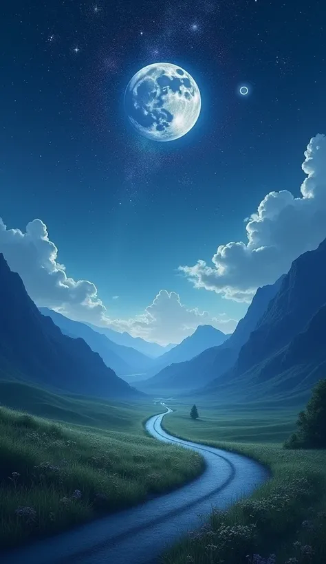 In an open field, a road passes, in the background you can see mountain ranges and on top of that, the moon rises and the stars fall, escapes. 