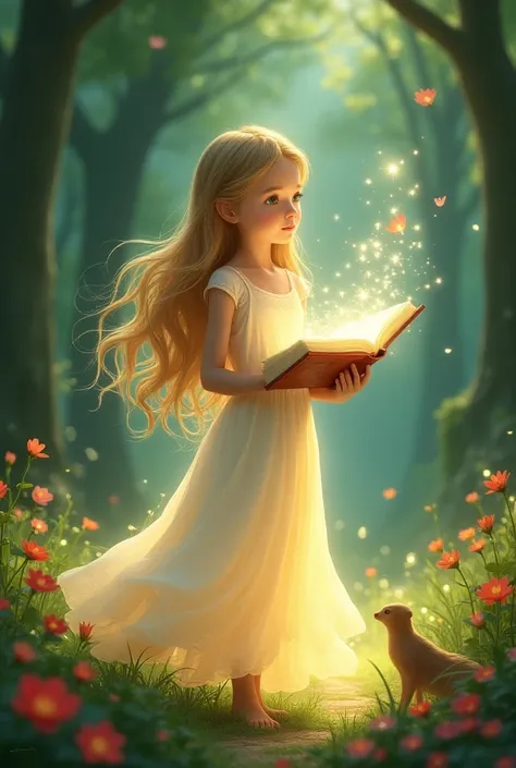 Create a young girl with long, golden hair and bright green eyes. She wears a flowing white dress that reflects light, surrounded by a glow that illuminates her surroundings. In her hands, she holds an open book filled with symbols and words written in the...