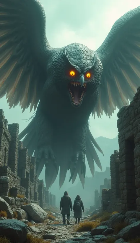 "A hyper-realistic, gigantic mutated owl with glowing eyes and muscular wings, perched atop ancient stone ruins. Its beak is open in a violent screech, sharp fangs visible, and the owl’s detailed feathers and realistic size make its violent form loom menac...