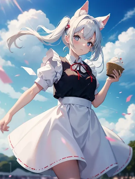 White dog ears、movie、Dynamic Angle、Best Quality、High Resolution Backgrounds，School Festival，Cultural Festival，Maid喫茶，Maid， Bringing food to customers