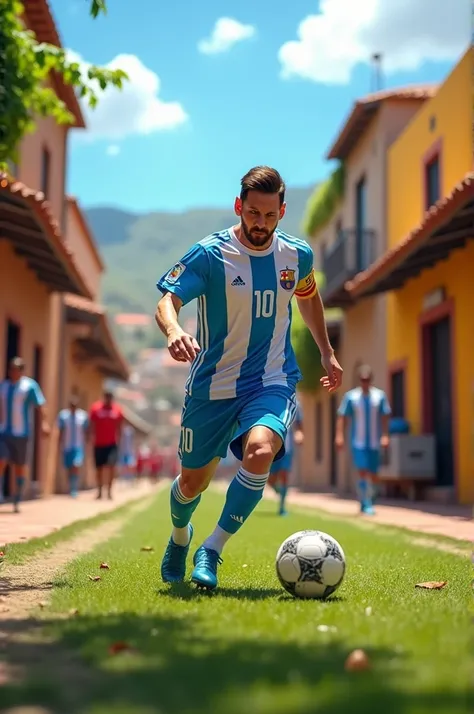  An image of Messi playing soccer in the town of Villa Charcas,  City of Chuquisaca , country of Bolivia  