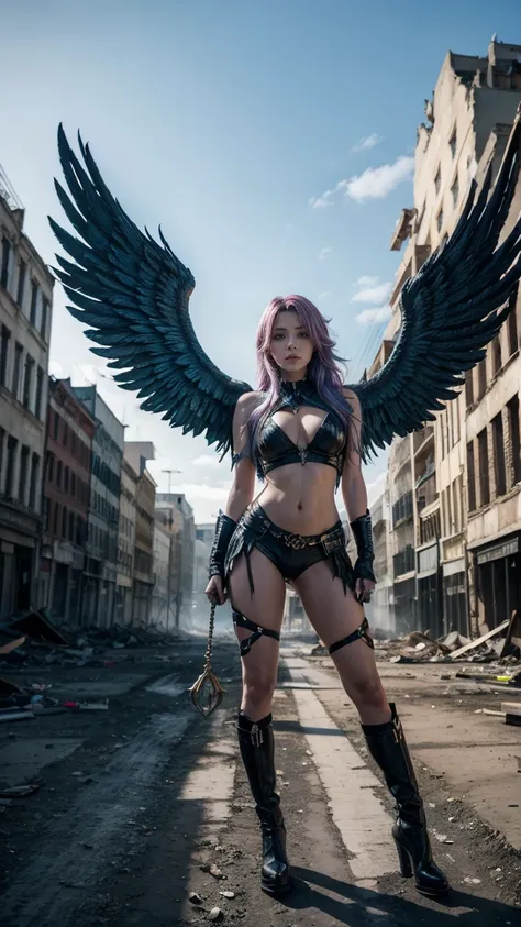 An archangel woman with colored hair, with big wings,  in an environment with destroyed buildings,  holding the whip of justice