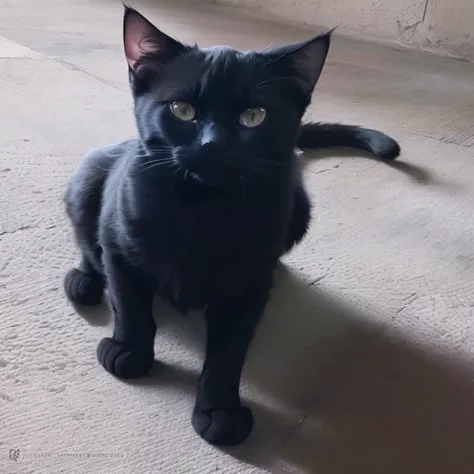 there is a black cat sitting on the floor looking at the camera, black cat, Demon Cat, very handsome,  Lindo peludo necesita tu ayuda , black cats, vampire cat, black cat at her feet, A handsome man, He is wearing a black suit, The dark god of cats,  looki...