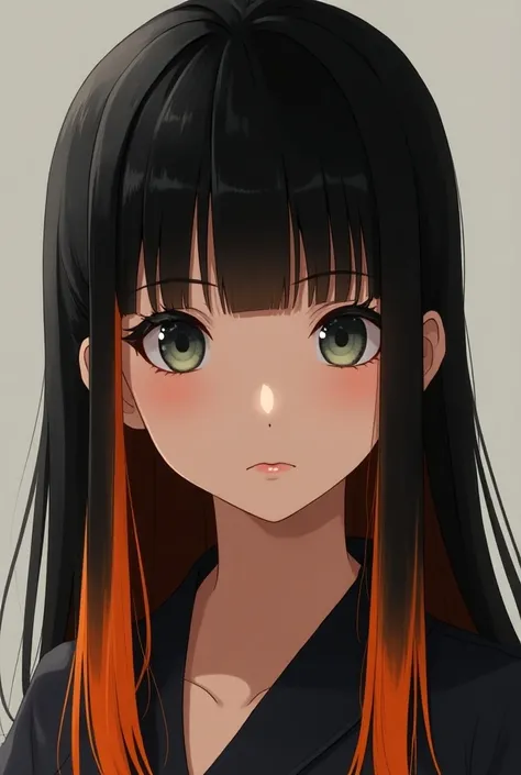 Straight black hair without bangs with orange tips inspired by Nezukos hair from Demon Slayer model in front position