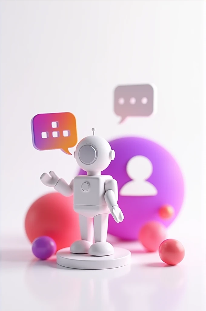 Design a vibrant 3D image featuring icons of AI, ChatGPT, and Chatbot, using Instagrams color palette of pink, purple, and orange gradients. The icons should be modern and stylized, with a white background. Include elements like a 3D robot for AI, a 3D spe...