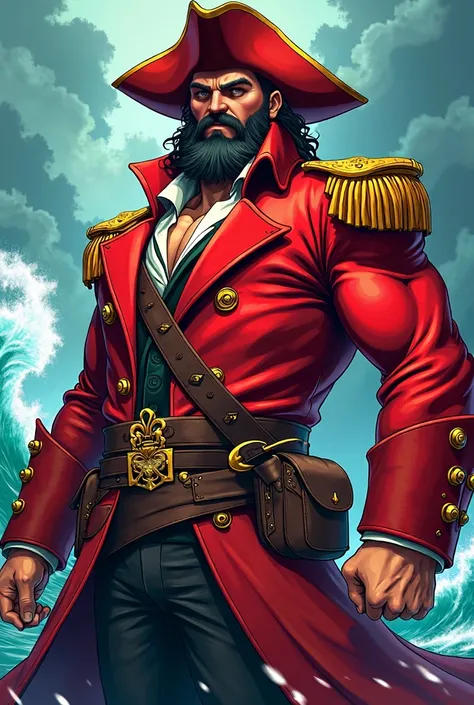 Pirate dressed in red muscular with captains hat and black beard in 2D comic to draw 