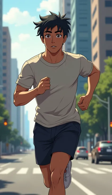 young man with short black hair running