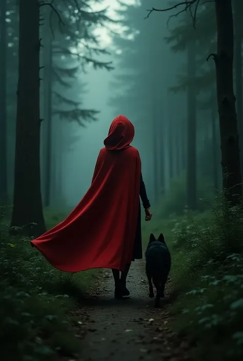 there is a person walking down a path with a dog, red riding hood, red hoods, little red riding hood, dressed in a beautiful red cloak, thief red riding hood, girl walking in dark forest, by Wolf Huber, by Alena Aenami, artistic. alena aenami, unsplash con...