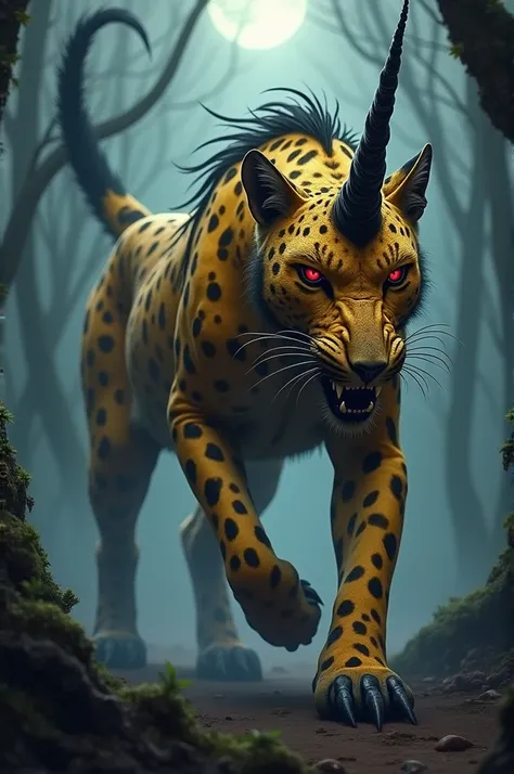 

"Create a terrifying hybrid of a leopard and a unicorn, combining the fierce predatory nature of the leopard with the mythical, unsettling beauty of a unicorn. The body should be sleek and muscular, covered in golden fur with dark, rosette-like leopard s...