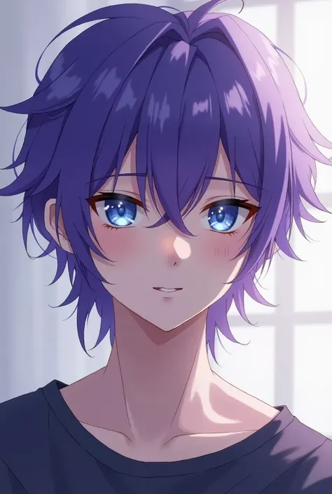 an illustration of an adult boy with purple locks and blue eyes