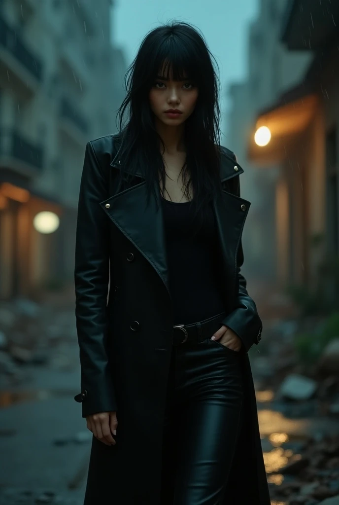 a young woman, black hair, half tan , olhos verdes intensos, full body,  walking at night when it rains in a landscape of a ruined cinematographic city,  Black leather pants and especially black leather overcoat , excellent quality image and movie theater ...