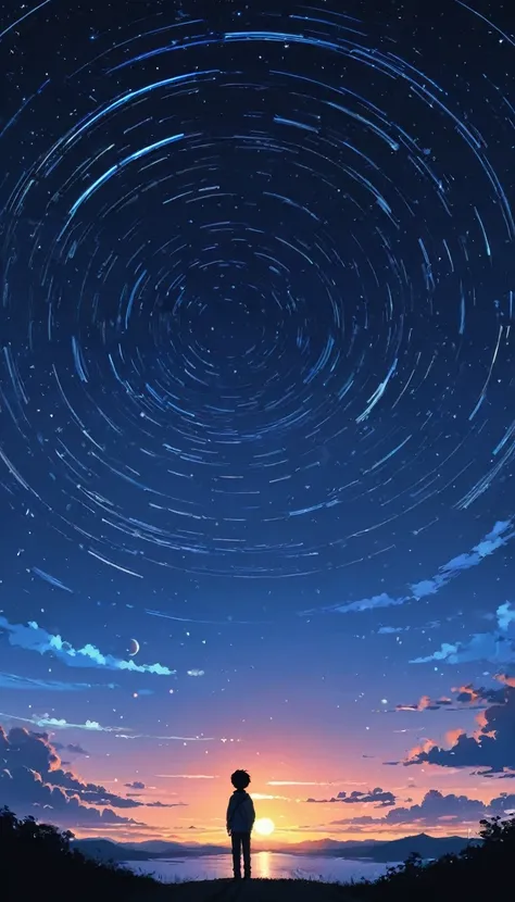 Draw a simple art in Tintinpixai style, a young boy long exposure starry sky with many circular orbits, focus at stars,silhouette Anime beautiful peace scene,  sun sunset nostalgic animated animated art background, Makoto Shinkai!!, anime movie background ...