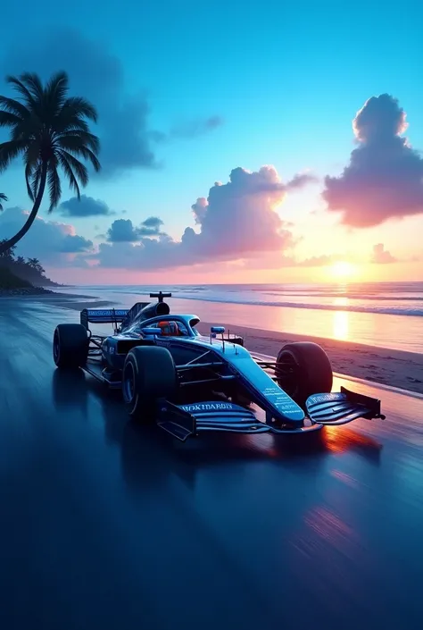 Formula 1 car on a beachfront road with a blue sunset 