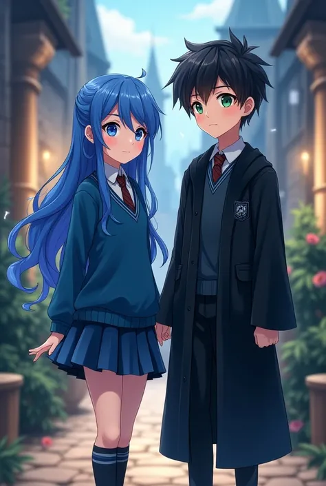 Anime style girl with long blue hair , blue eyes and fair skin in Ravenclaws uniform with a boy with opaque black hair and green eyes in wizard costume as friends