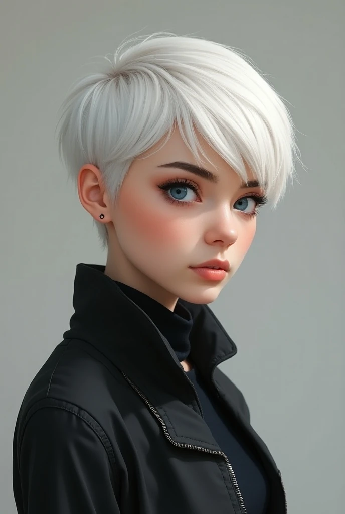  A slim girl with short white hair up to her jaw. Darker eyebrows . blue eyes.  Dark but moderately tight casual wear . approximately 25 years.